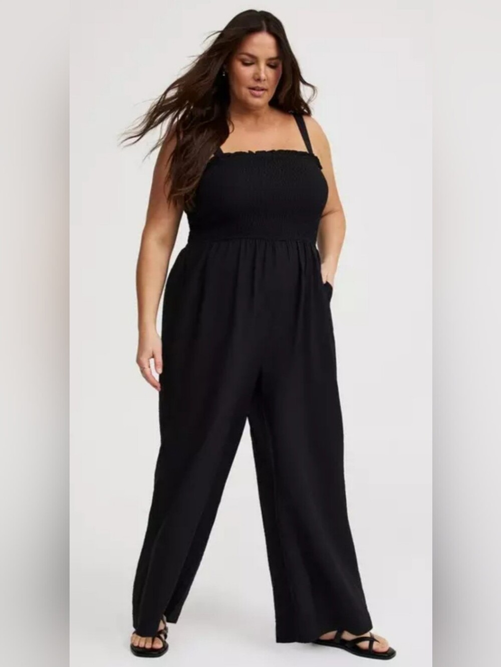 Torrid Black Smocked Strap Wide-Leg Jumpsuit